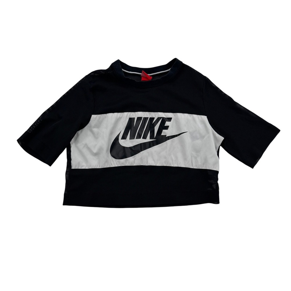 Nike Mesh Crop Top Women M Black White Excellent Colorblock Logo Athletic